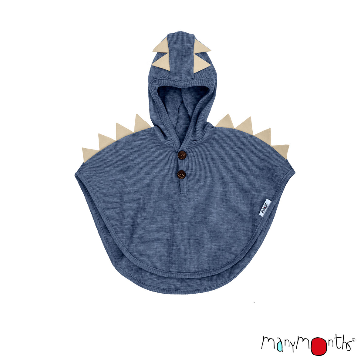 Cape DINO ManyMonths en laine mérinos avec capuche, coloris bleu Moondust Blue – collection 2026/2027