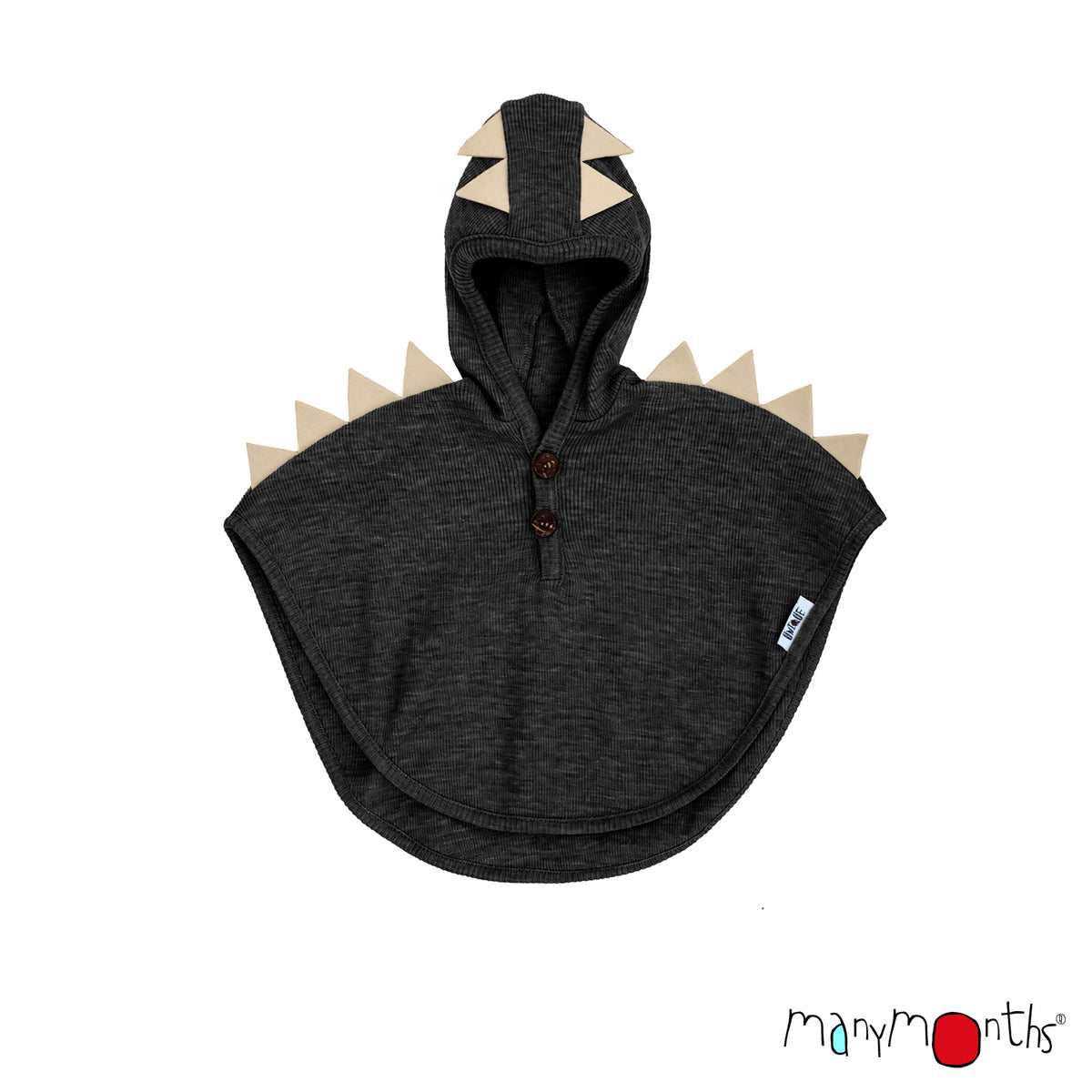 Cape DINO ManyMonths en laine mérinos avec capuche, coloris noir Foggy Black – collection 2026/2027