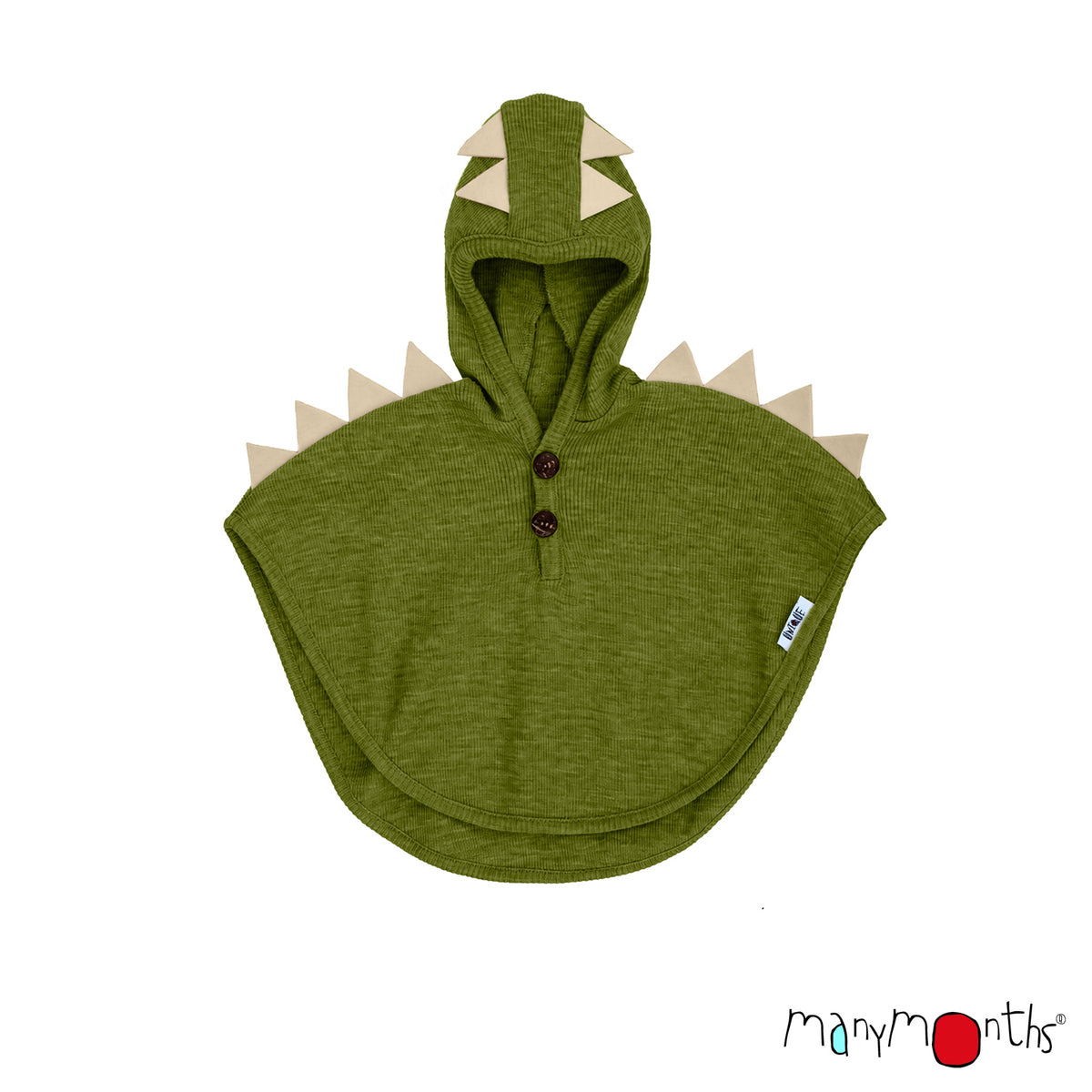 Cape DINO ManyMonths en laine mérinos avec capuche, coloris vert Garden Moss – collection 2026/2027