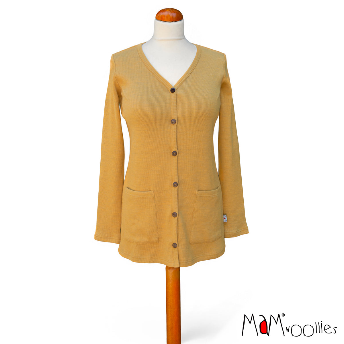 Cardigan AAVA en laine mérinos pour femme MaM, coloris jaune Golden Star – collection 2026/2027