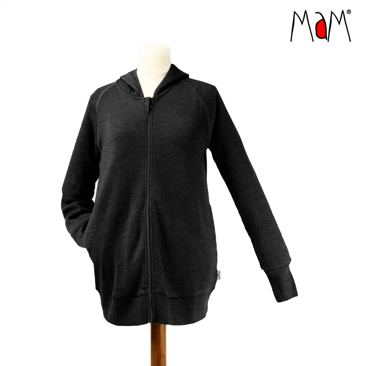Cardigan zip femme MaM en laine mérinos, coloris noir Foggy Black – collection 2026/2027
