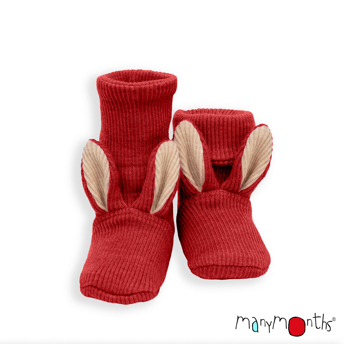 Chaussons lapin pour bébé en laine mérinos ManyMonths, coloris rouge Aurora Red – collection 2026/2027