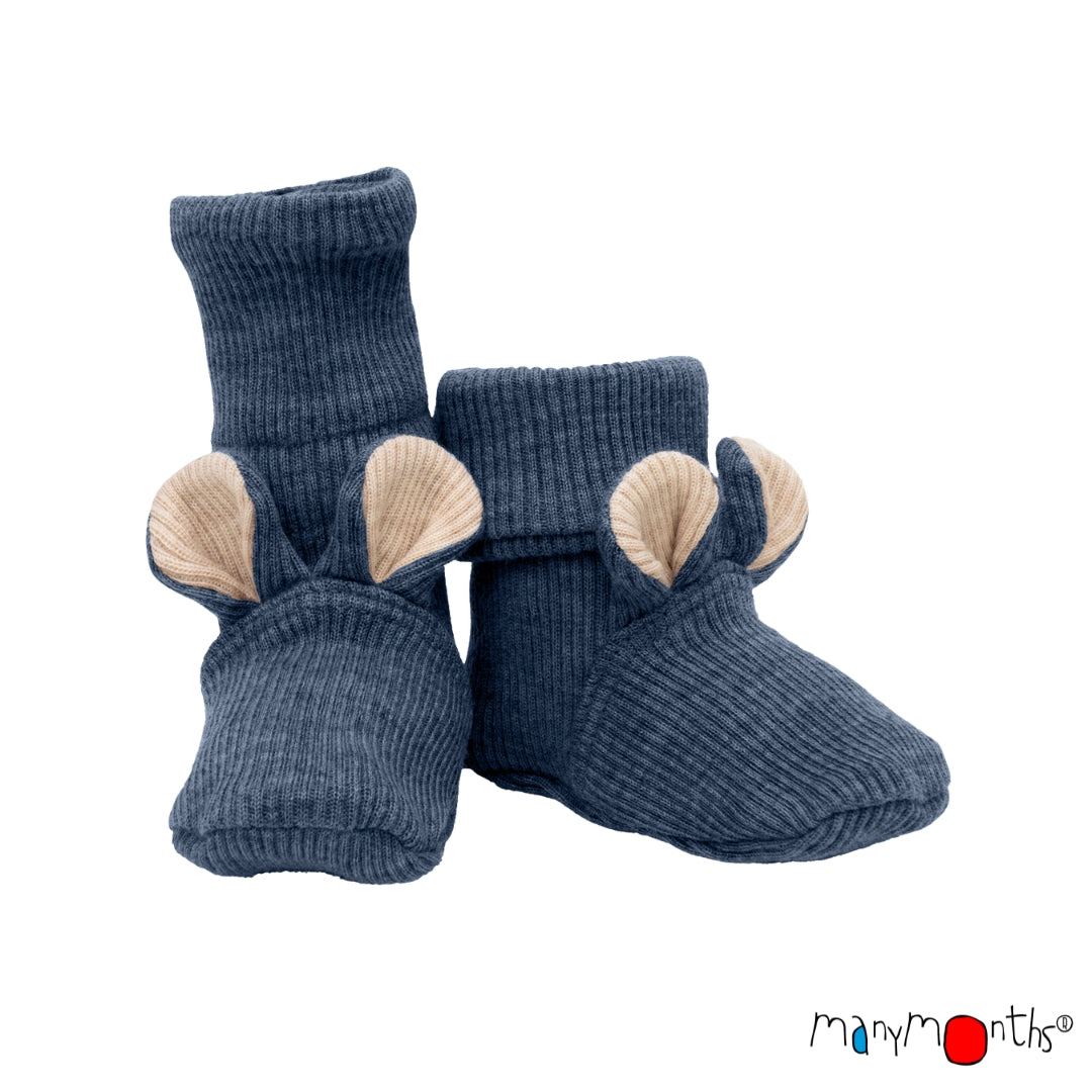 Chaussons ourson pour bébé en laine mérinos ManyMonths, coloris bleu Moondust Blue – collection 2026/2027