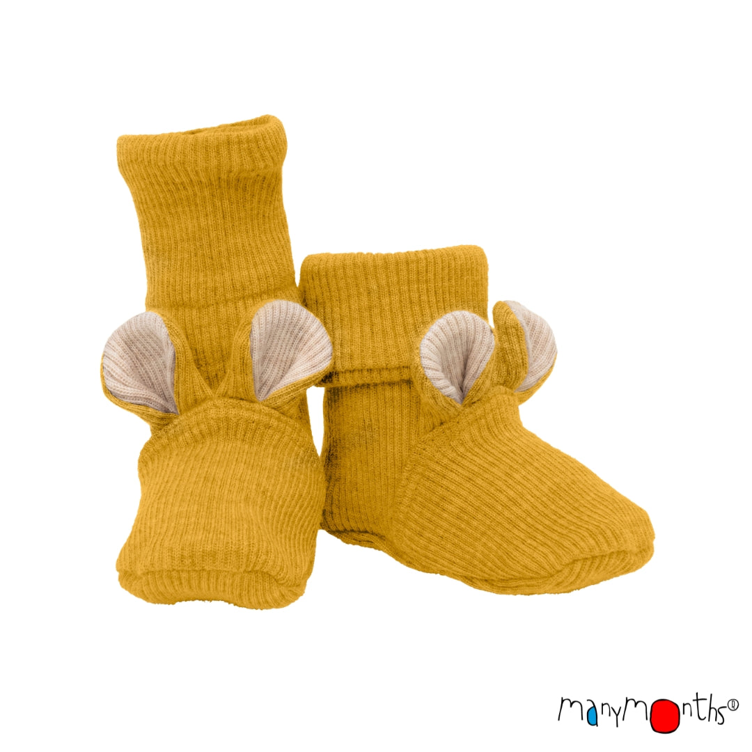 Chaussons ourson pour bébé en laine mérinos ManyMonths, coloris jaune Golden Star – collection 2026/2027