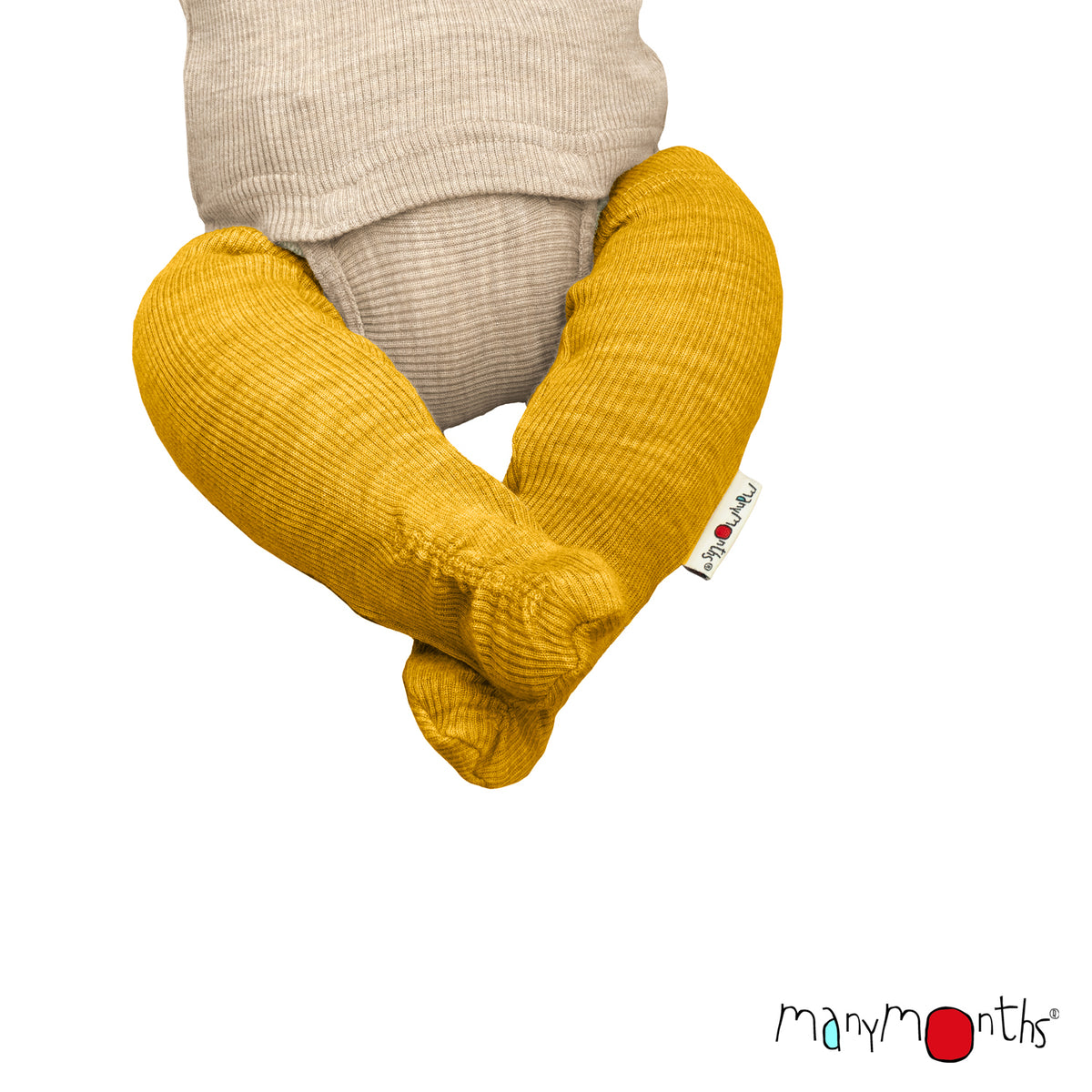 Chaussons de portage en laine mérinos ManyMonths, coloris jaune Golden Star – collection 2026/2027