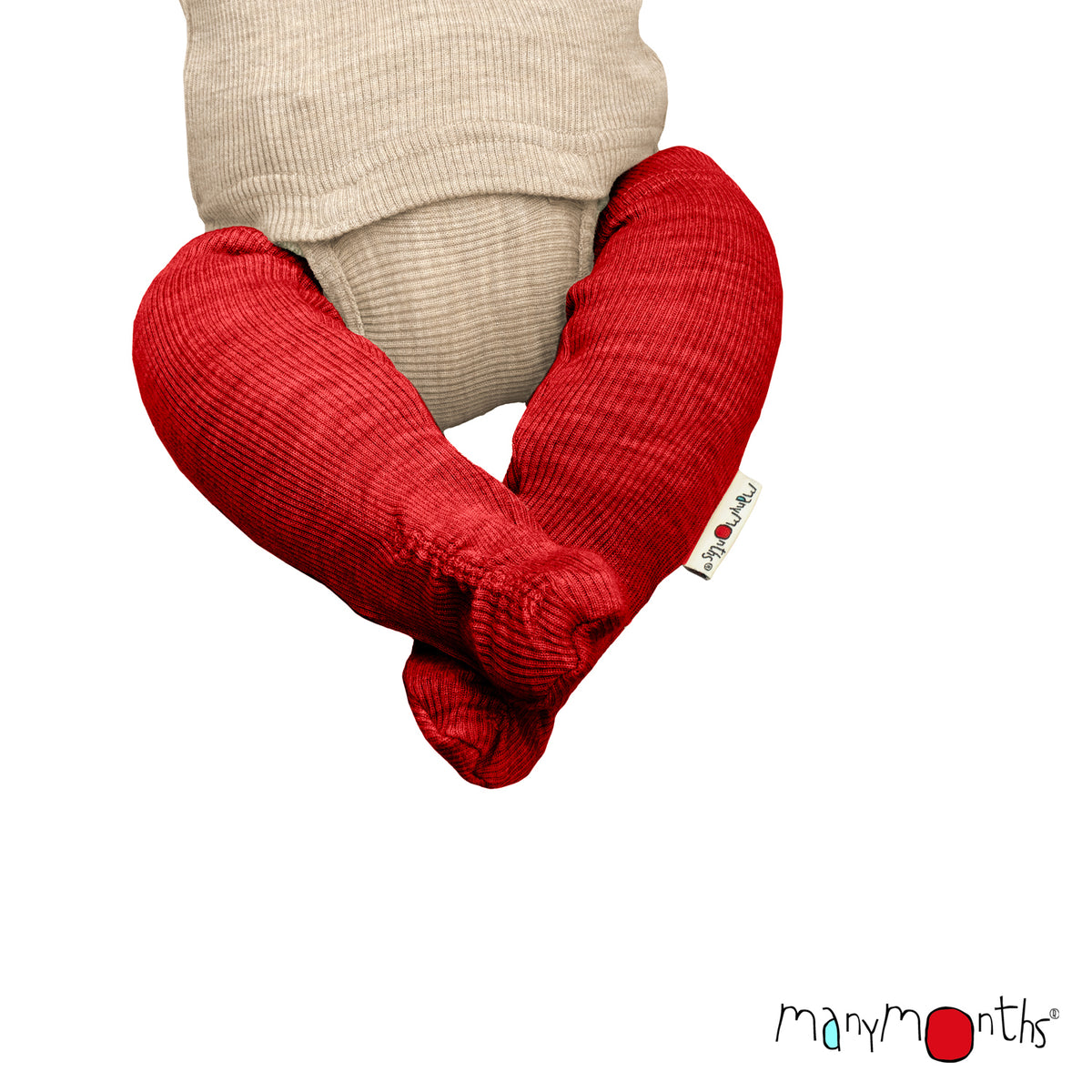 Chaussons de portage en laine mérinos ManyMonths, coloris rouge Aurora Red – collection 2026/2027
