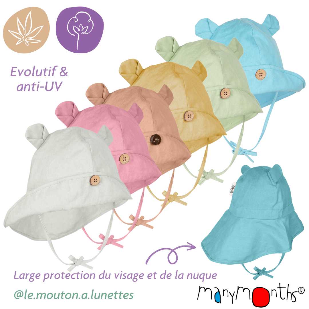 chapeau avec oreilles oursons pour bébé enfant évolutif été chanvre coton bio ManyMonths ECO Hempies mixte