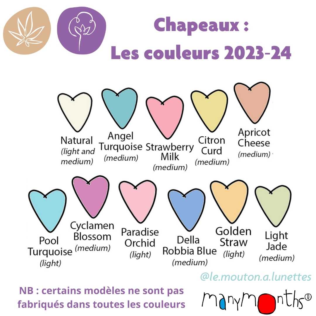 couleurs 2023 des chapeaux évolutifs en chanvre coton bio ManyMonths ECO Hempies mixte