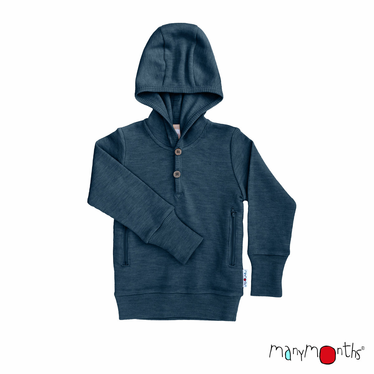 Hoodie Henley ManyMonths en laine mérinos, coloris bleu Moondust Blue – collection 2026/2027