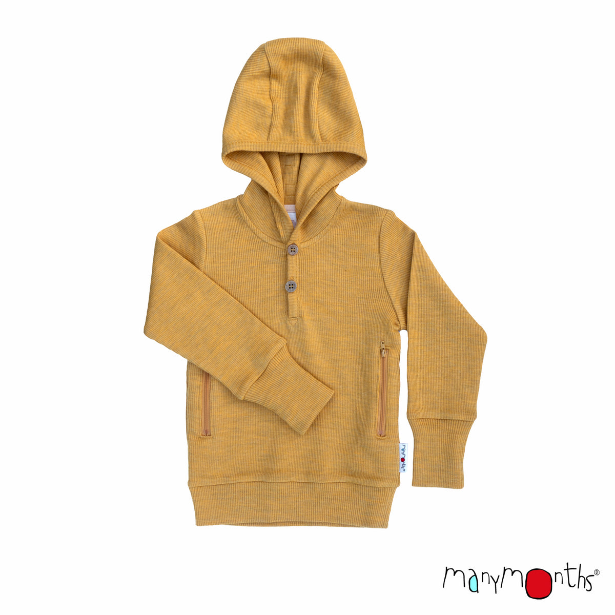 Hoodie Henley ManyMonths en laine mérinos, coloris jaune Golden Star – collection 2026/2027