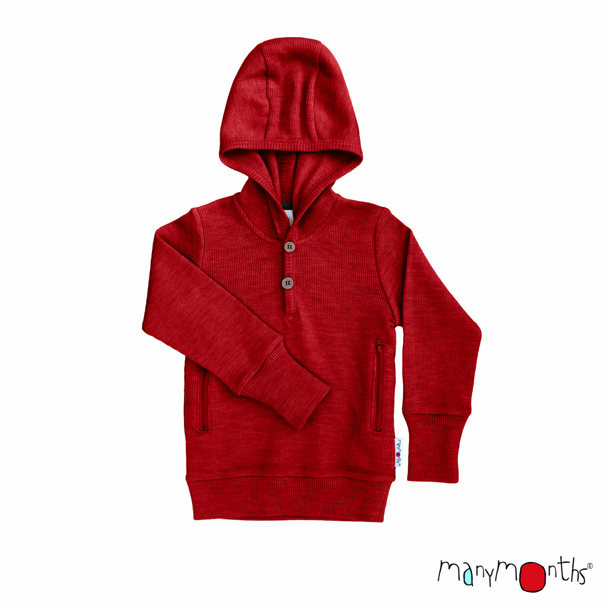Hoodie Henley ManyMonths en laine mérinos, coloris rouge Aurora Red – collection 2026/2027