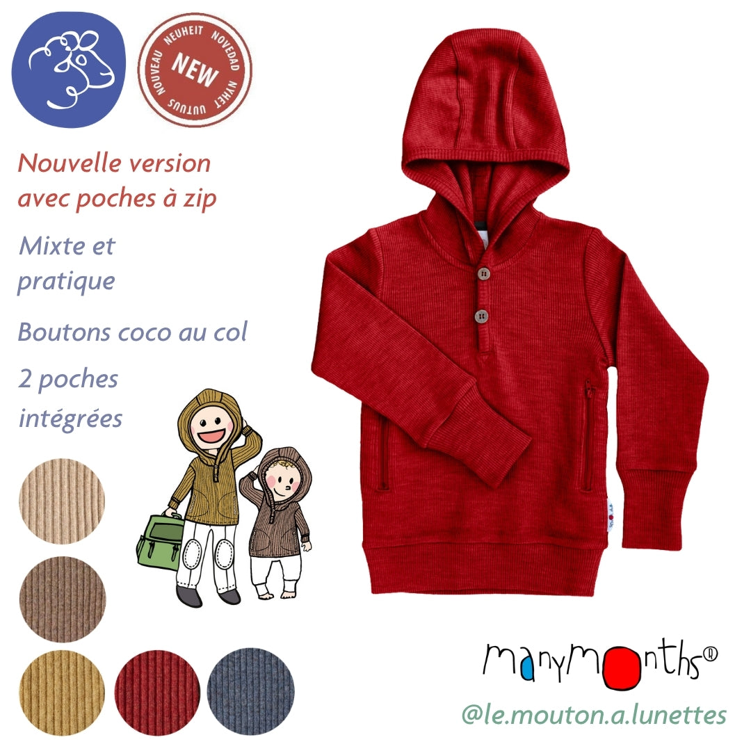 ManyMonths Hoodie Henley ManyMonths - Sweat à capuche en mérinos enfant avec poches à zip en laine mérinos – collection 2026/2027
