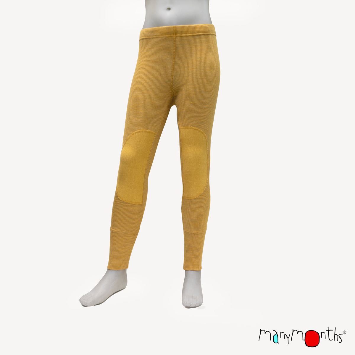 Leggings en laine ManyMonths évolutif avec Patches aux genoux, coloris jaune Golden Star – collection 2026/2027