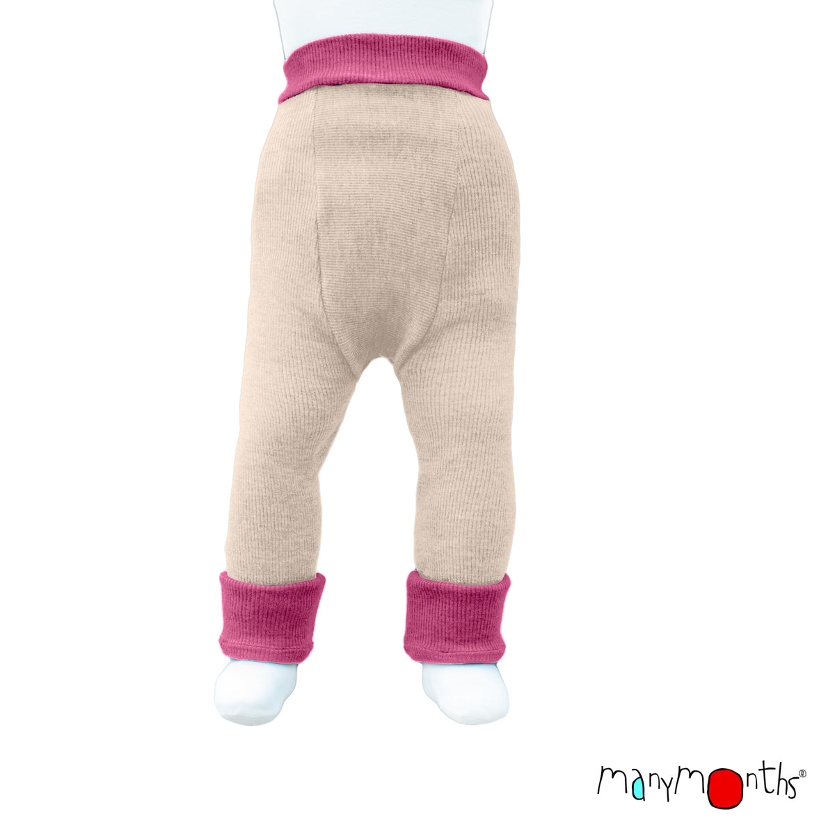 Longies ManyMonths réversibles en laine mérinos, coloris rose Nebula Pink et écru Toasted Coconut – collection 2026/2027