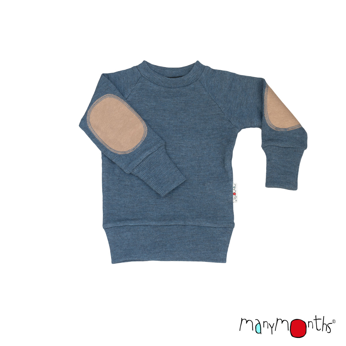 Pullover mérinos ManyMonths avec renforts aux coudes, coloris bleu Moondust Blue – collection 2026/2027