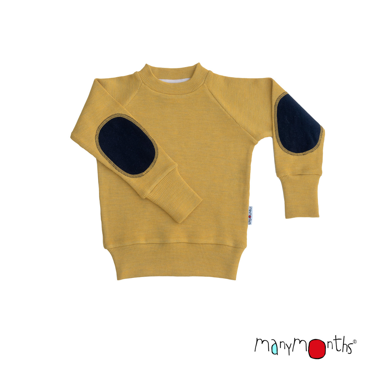 Pullover mérinos ManyMonths avec renforts aux coudes, coloris jaune Golden Star – collection 2026/2027