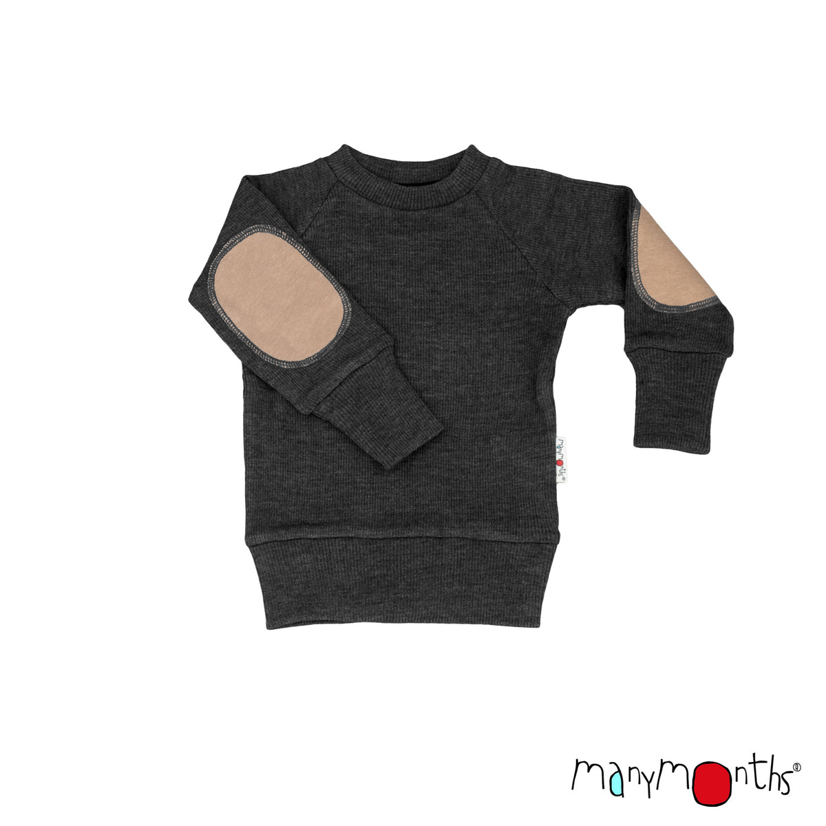 Pullover mérinos ManyMonths avec renforts aux coudes, coloris noir Foggy Black – collection 2026/2027