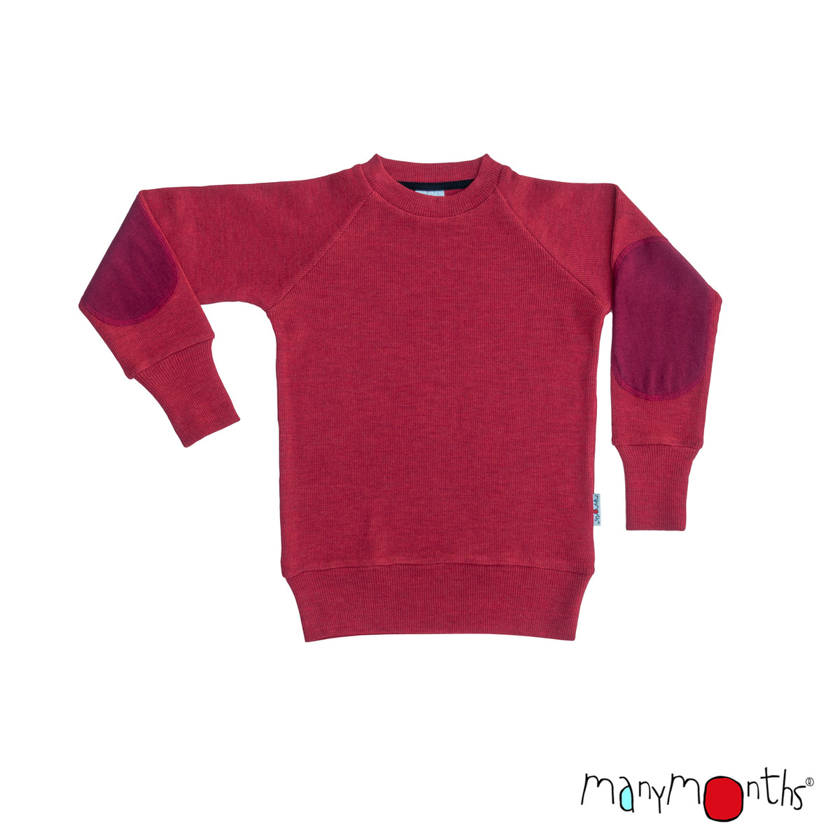 Pullover mérinos ManyMonths avec renforts aux coudes, coloris rouge Aurora Red – collection 2026/2027