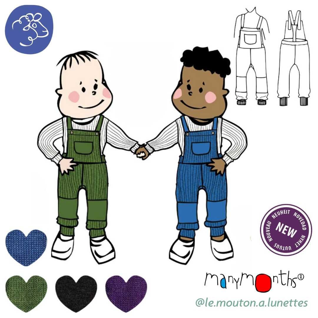 salopette enfant mérinos évolutive manymonths dungarees avec patches genoux