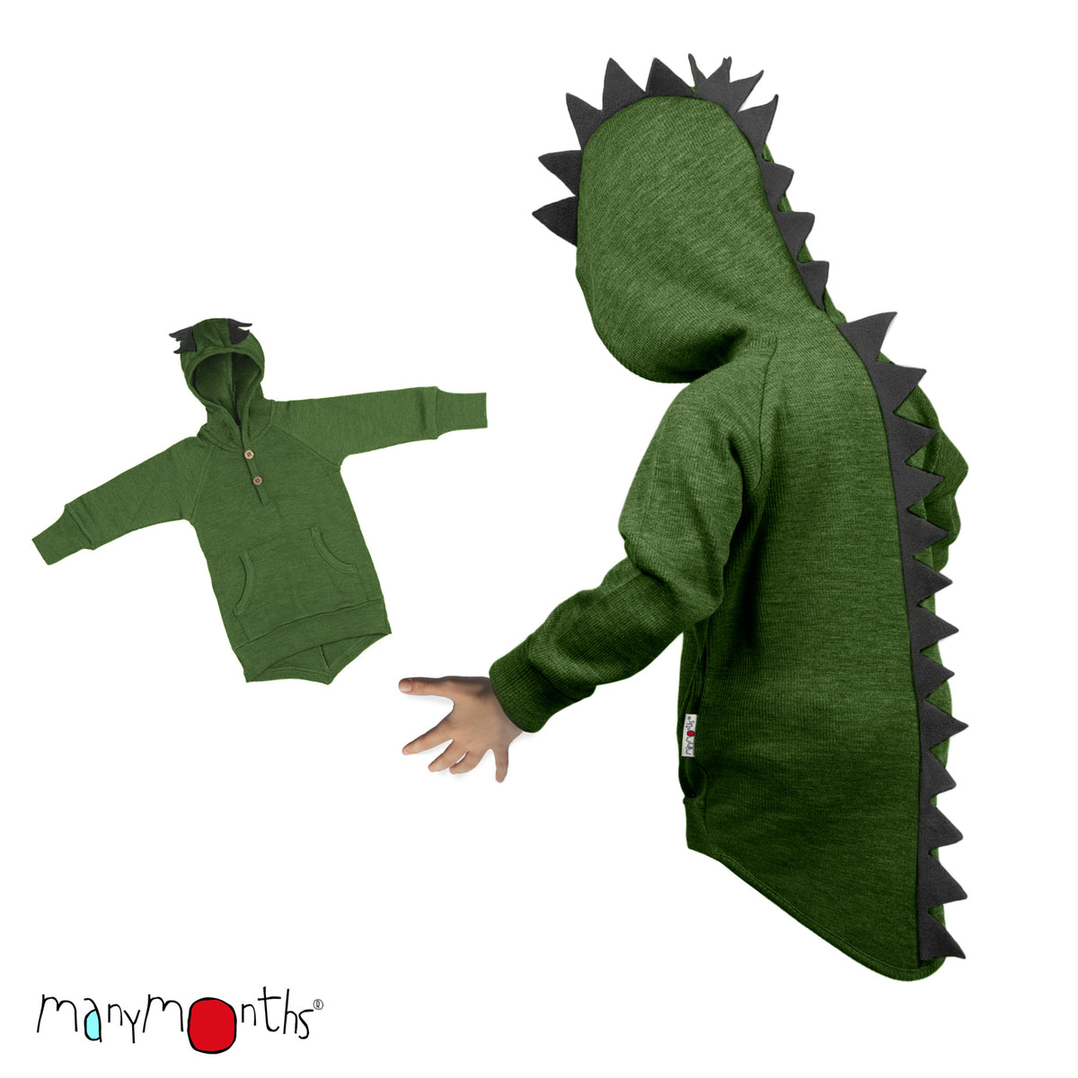 Sweat Dino ManyMonths en laine mérinos, coloris vert Garden Moss – collection 2026/2027