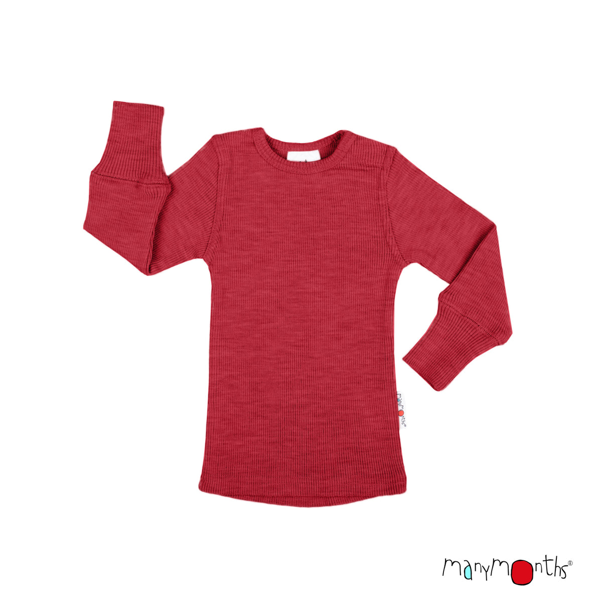 Tricot manches longues en laine mérinos enfant ManyMonths, coloris rouge Aurora Red – collection 2026/2027