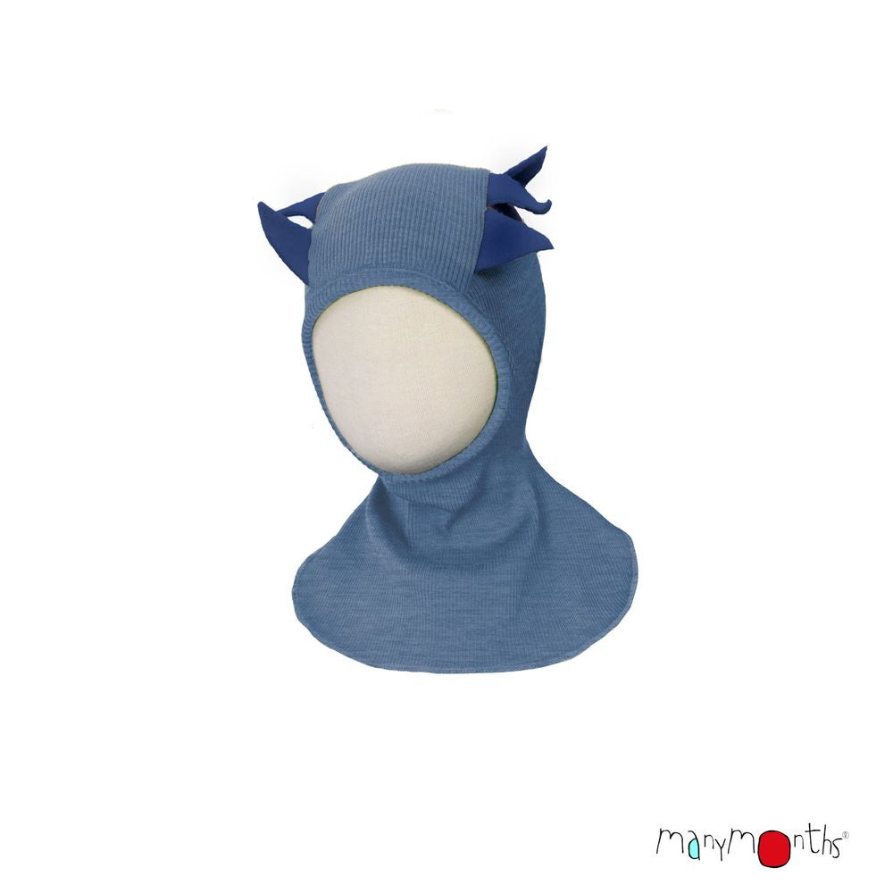 ManyMonths Cagoule enfant dino dinosaure laine merinos Dino Hood bleue blue mist