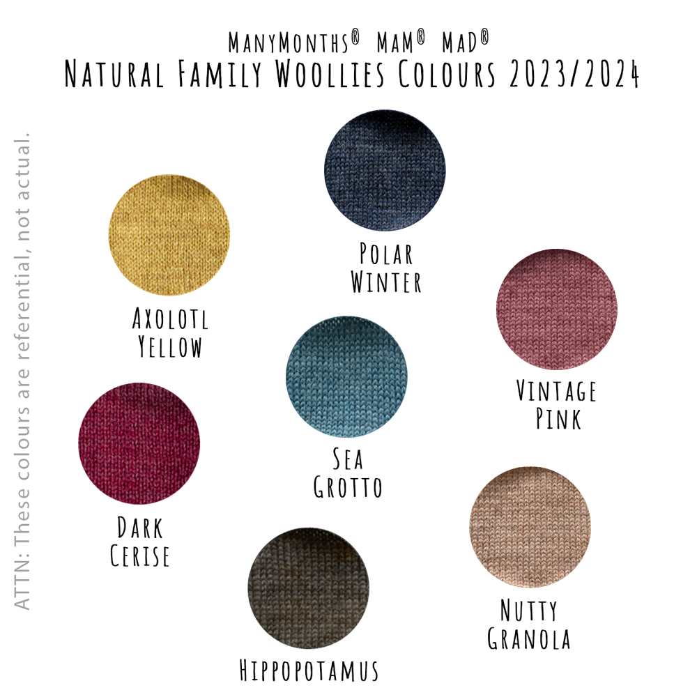 palette de couleurs Manymonths MaMidea Babymamdesign Natural Woollies 2023-24 laine mérinos