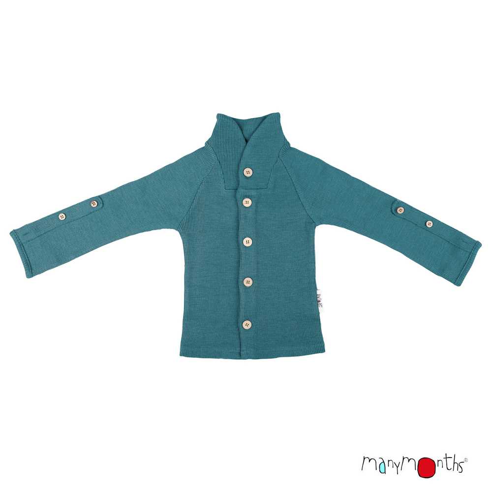 cardigan col montant manymonths en laine mérinos enfant bleu sea grotto