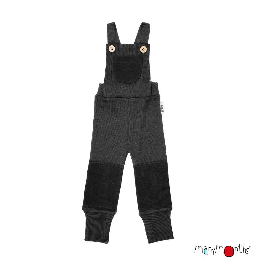 salopette enfant mérinos évolutive manymonths dungarees avec patches genoux noir foggy black