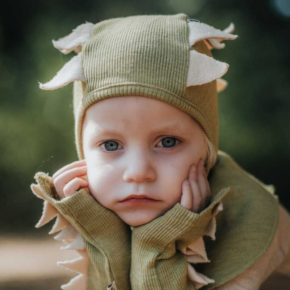 Cagoule dino en laine mérinos Manymonths bébé enfant