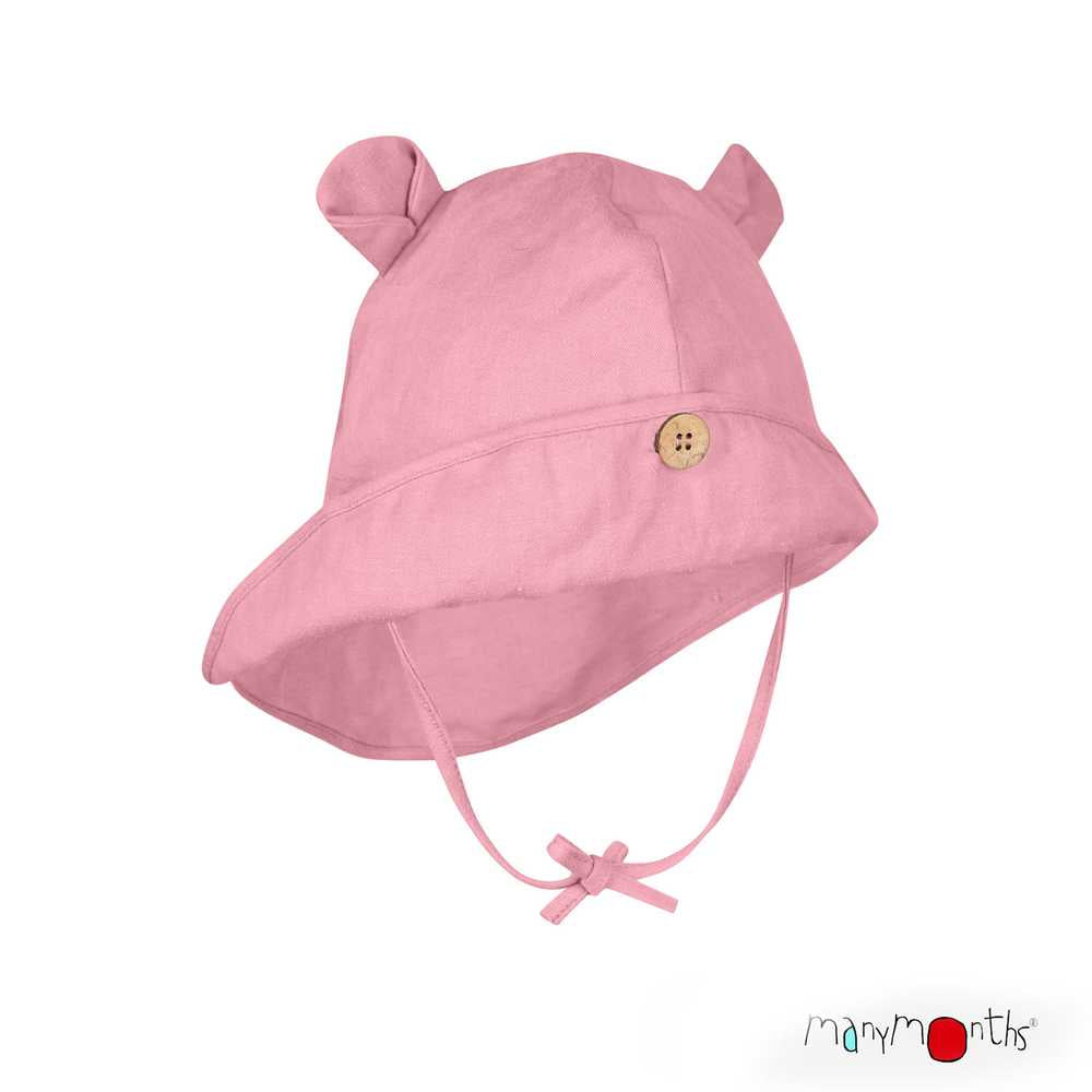 ManyMonths chapeau bébé évolutif pour le soleil en chanvre coton bio avec oreilles ourson rose strawberry milk