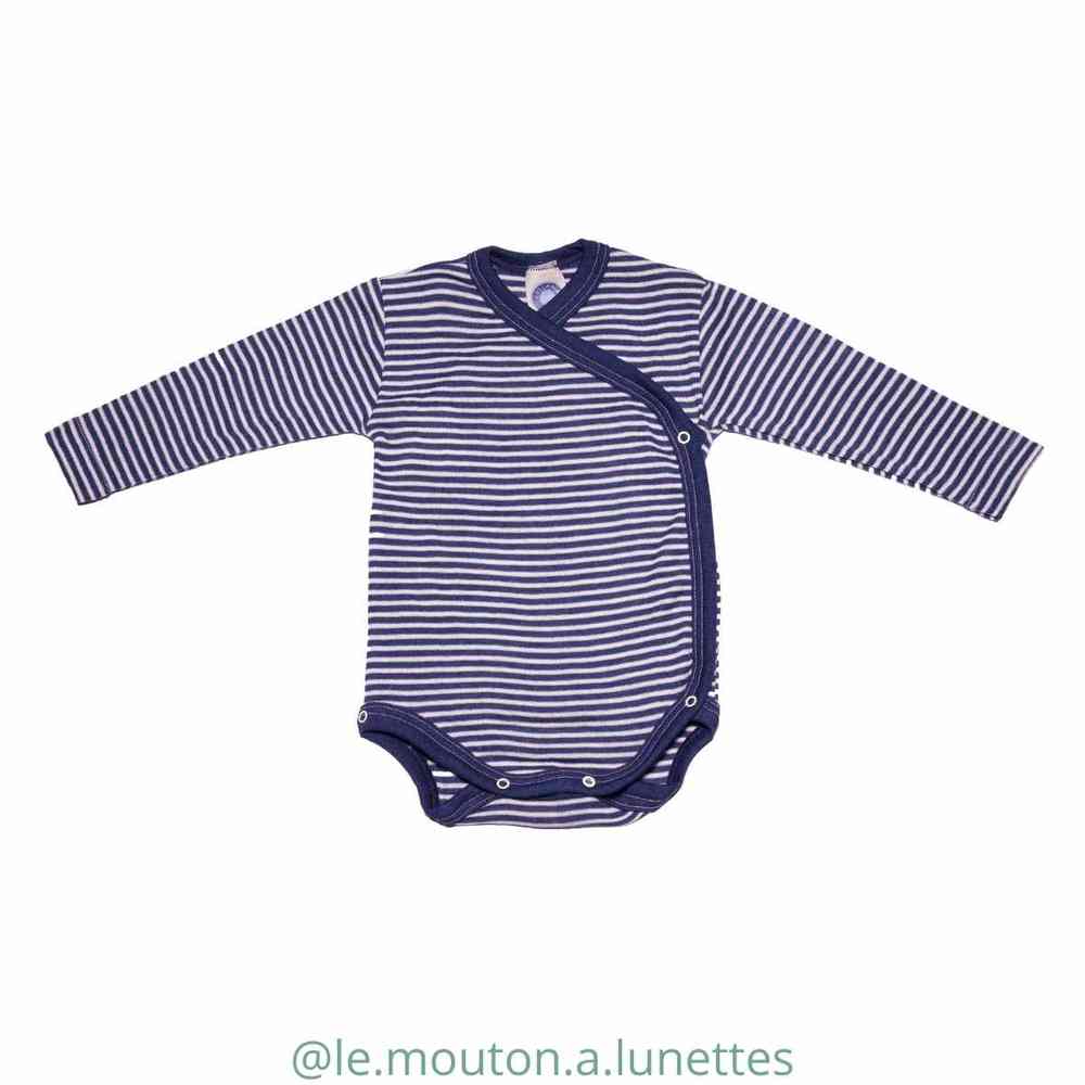 Body croisé en laine mérinos bio et soie cosilana rayé marine