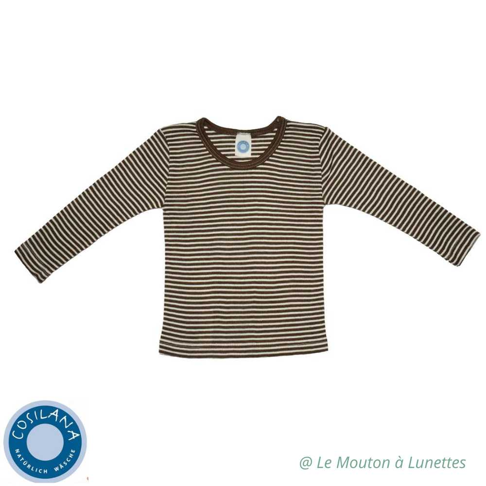 haut manches longues enfant engel natur - tricot laine mérinos et soie bio rayures marrons brun