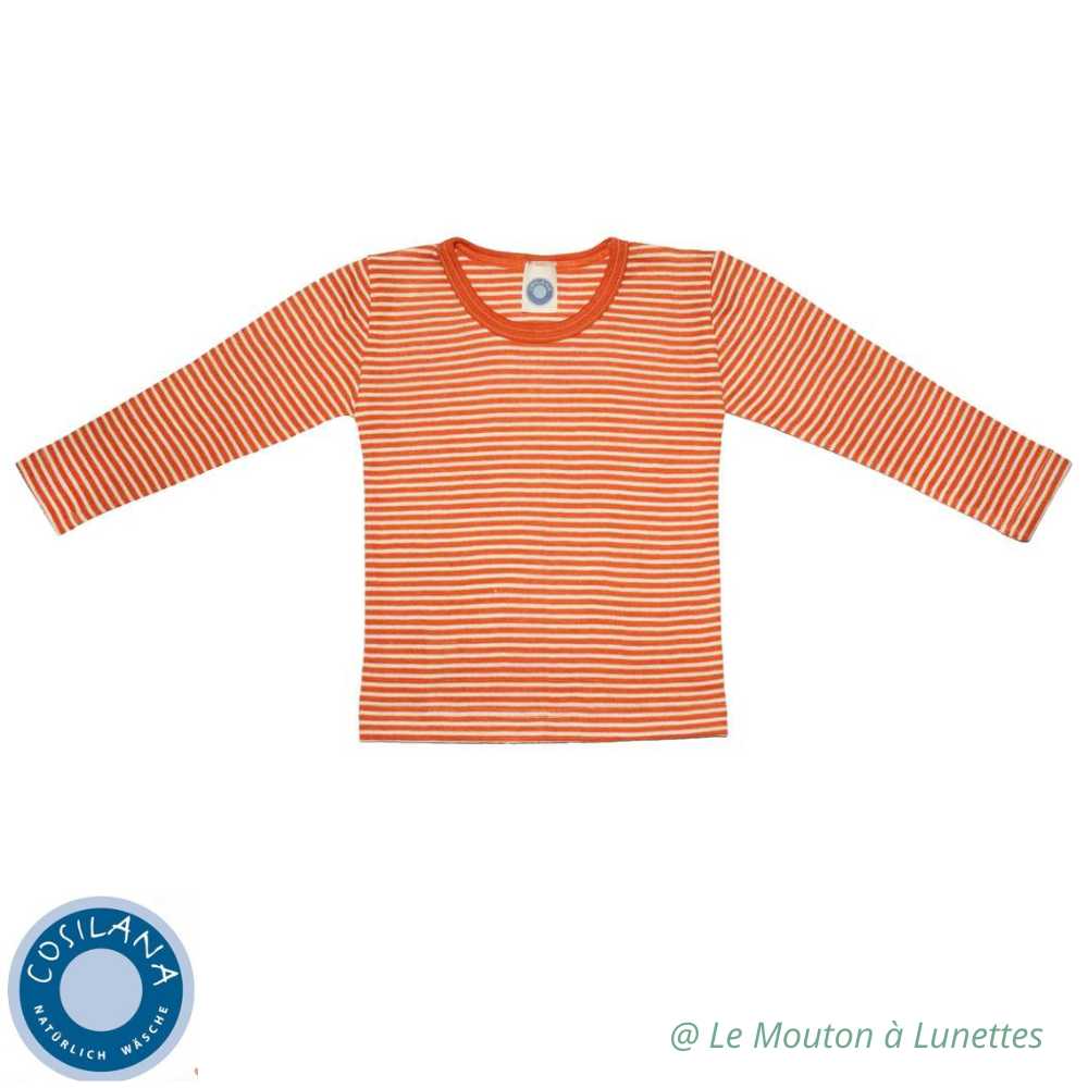 haut manches longues enfant engel natur - tricot laine mérinos et soie bio rayures oranges