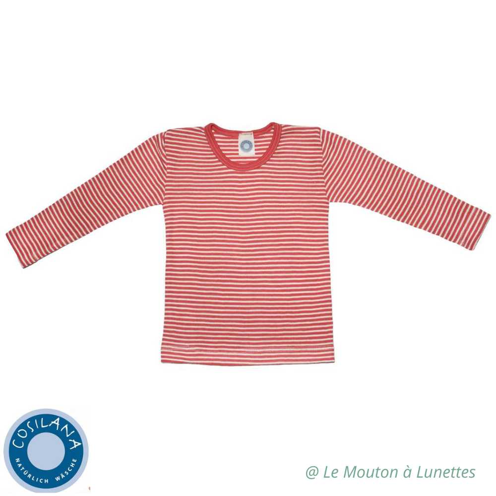 haut manches longues enfant engel natur - tricot laine mérinos et soie bio rayures rouge