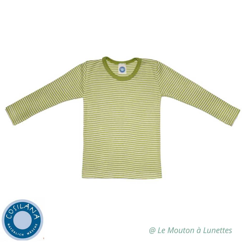 haut manches longues enfant engel natur - tricot laine mérinos et soie bio rayures vertes