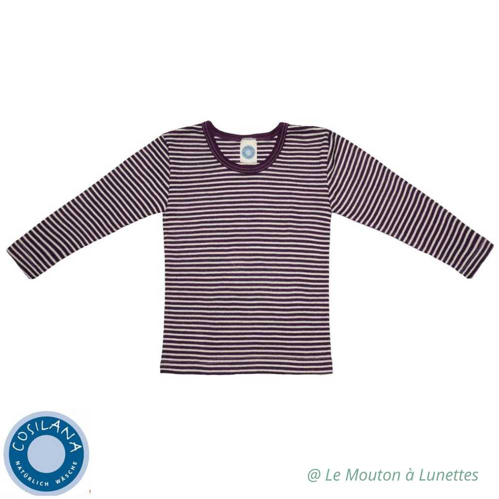 haut manches longues enfant engel natur - tricot laine mérinos et soie bio rayures prune violet