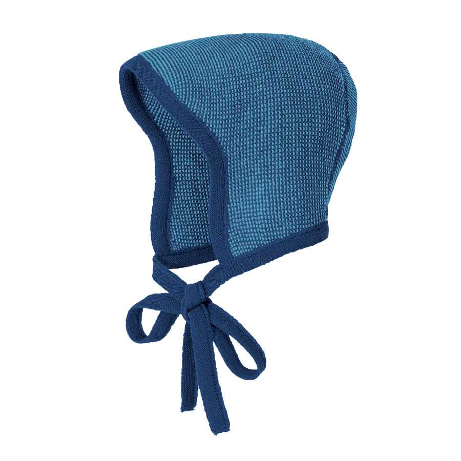 Bonnet bébé disana béguin en tricot de laine mérinos bio nouveau né marine turquoise