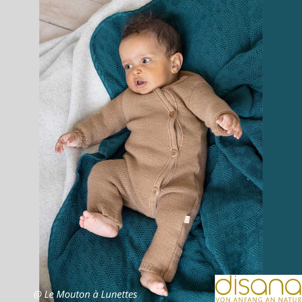 Combinaison Disana bébé en tricot de laine mérinos bio caramel couverture pacific