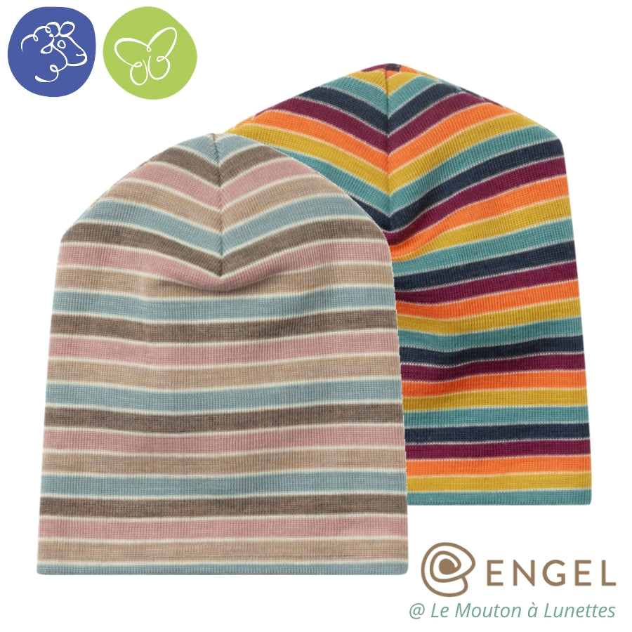 Bonnet fin en laine et soie à rayures multicolores - Mérinos bio Engel Natur