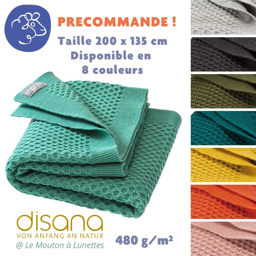 Précommande Grande Couverture DISANA laine mérinos bio tricot nid d'abeille DISANA LIVING pour la maison