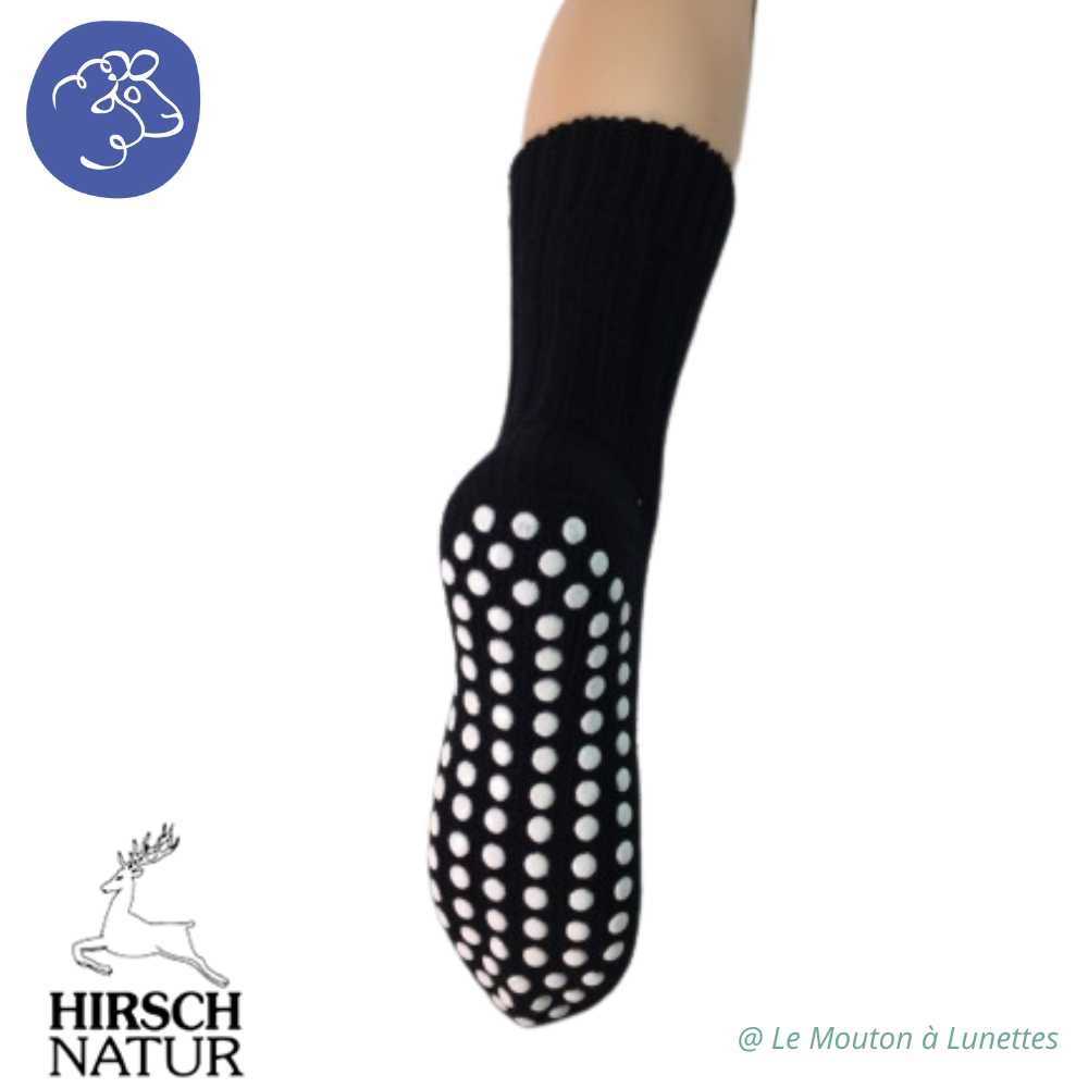 chaussons chaussettes antidérapantes adulte en laine bio hirsch natur marine