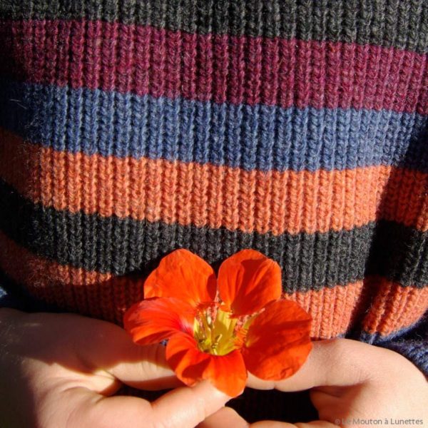 Zoom Manitober_pull-enfant-laine-recyclee_rayures-orange-bleu-gris-rouge