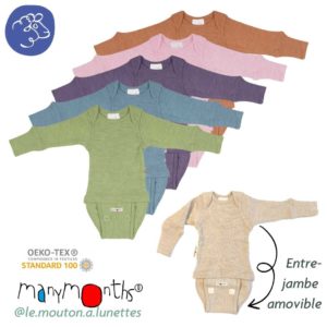 Body évolutif manymonths en laine mérinos oekotex pour bébé