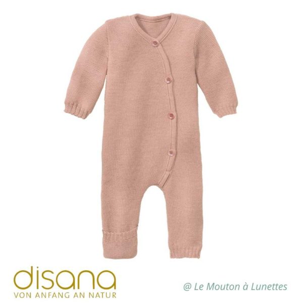 Combinaison Disana bébé en tricot de laine mérinos bio rose poudre