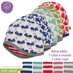 bonnet réversible bébé en coton bio loud+proud motifs animaux