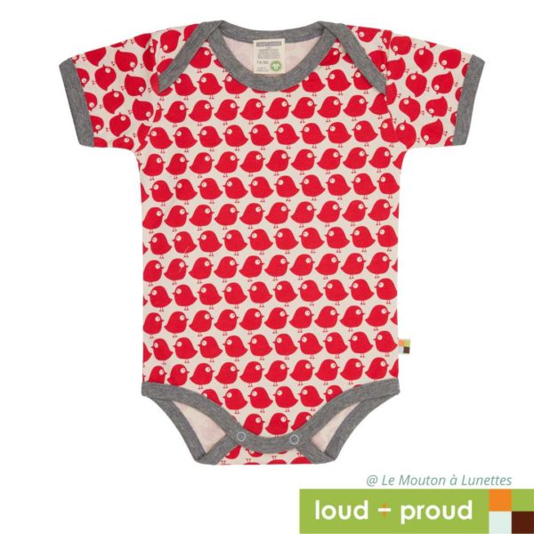 Body en coton bio bébé oiseaux rouges Loud and Proud manches courtes