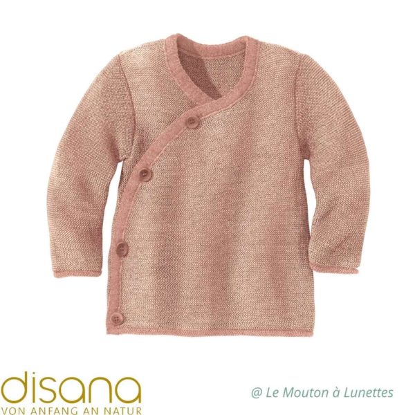 Gilet bébé tricoté disana en laine mérinos rose poudre brassière enfant et bébé