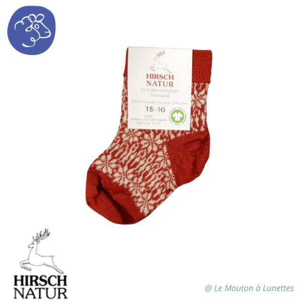 chaussettes en pure laine bio hirsch natur motif étoile pour enfant et adulte rouge et écru