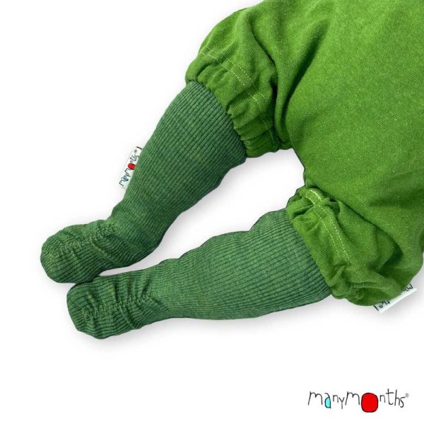 chaussons de portage bébé en laine mérinos baby booties manymonths évolutive vert forest floor green